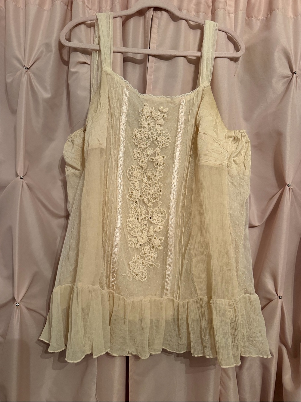 Hale Bob top blouse silk  embroidered tulle satin  sequins XL ivory cream